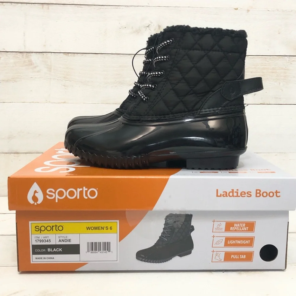 Sporto Sz 6 & 7 Duck Boot • Women’s Andie • Black • New